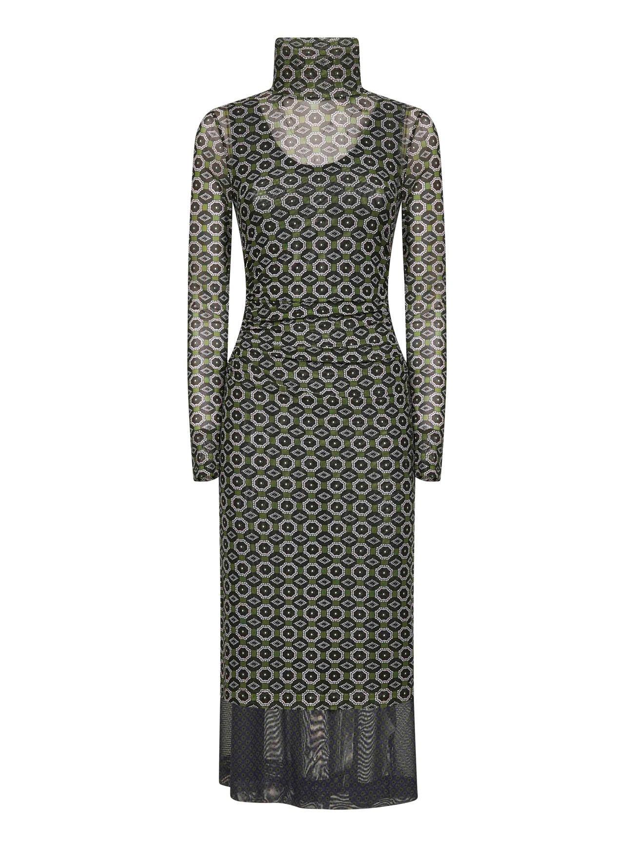 DRIES VAN NOTEN Green printed mesh layered midi dress