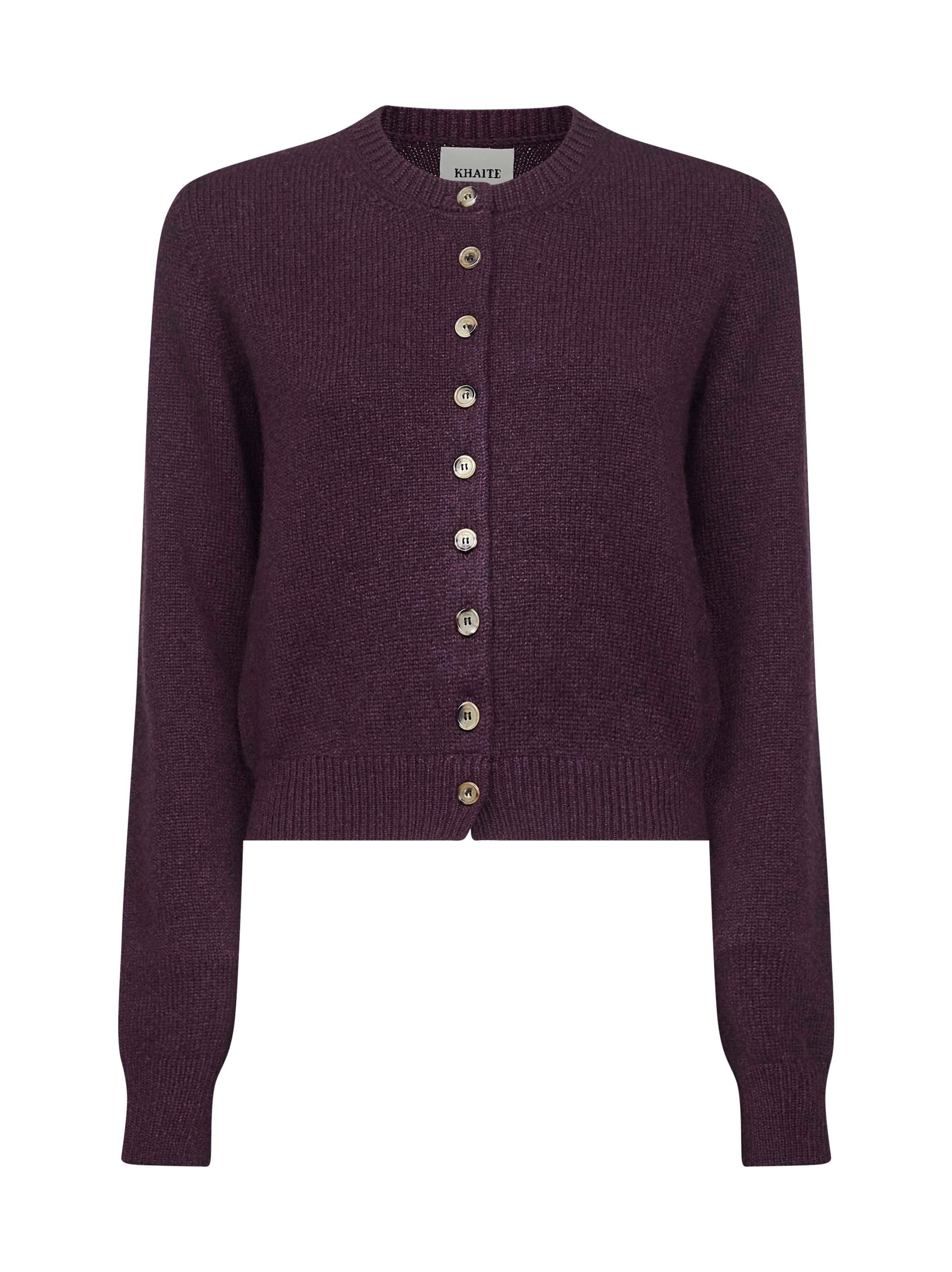 KHAITE Plum Cashmere Knit Everheart Cardigan