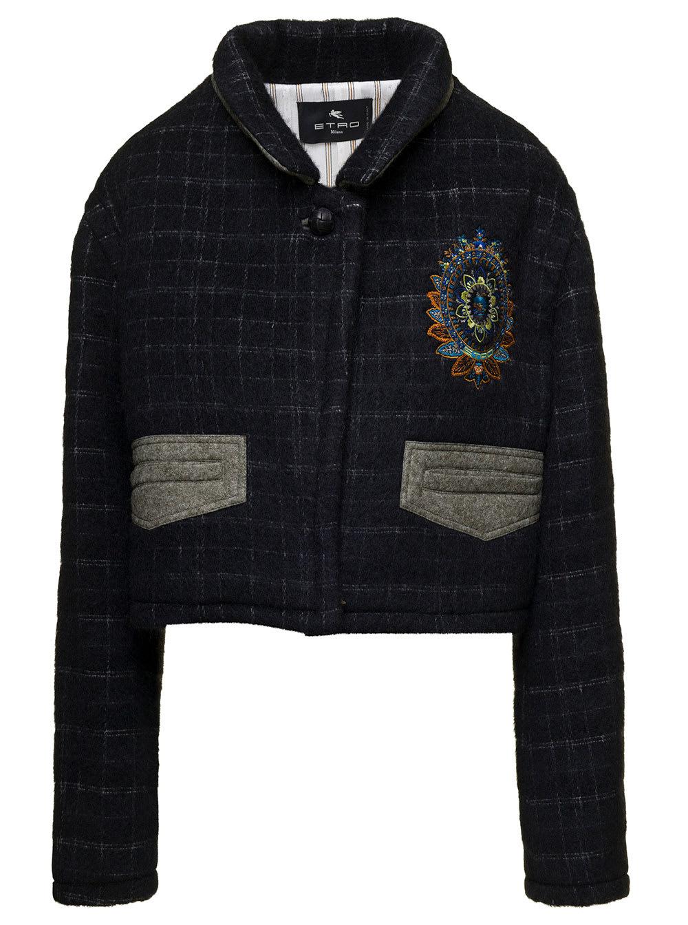 Etro Women's Wool Blend Cropped Jacket with Embroidery and Check Motif in Black