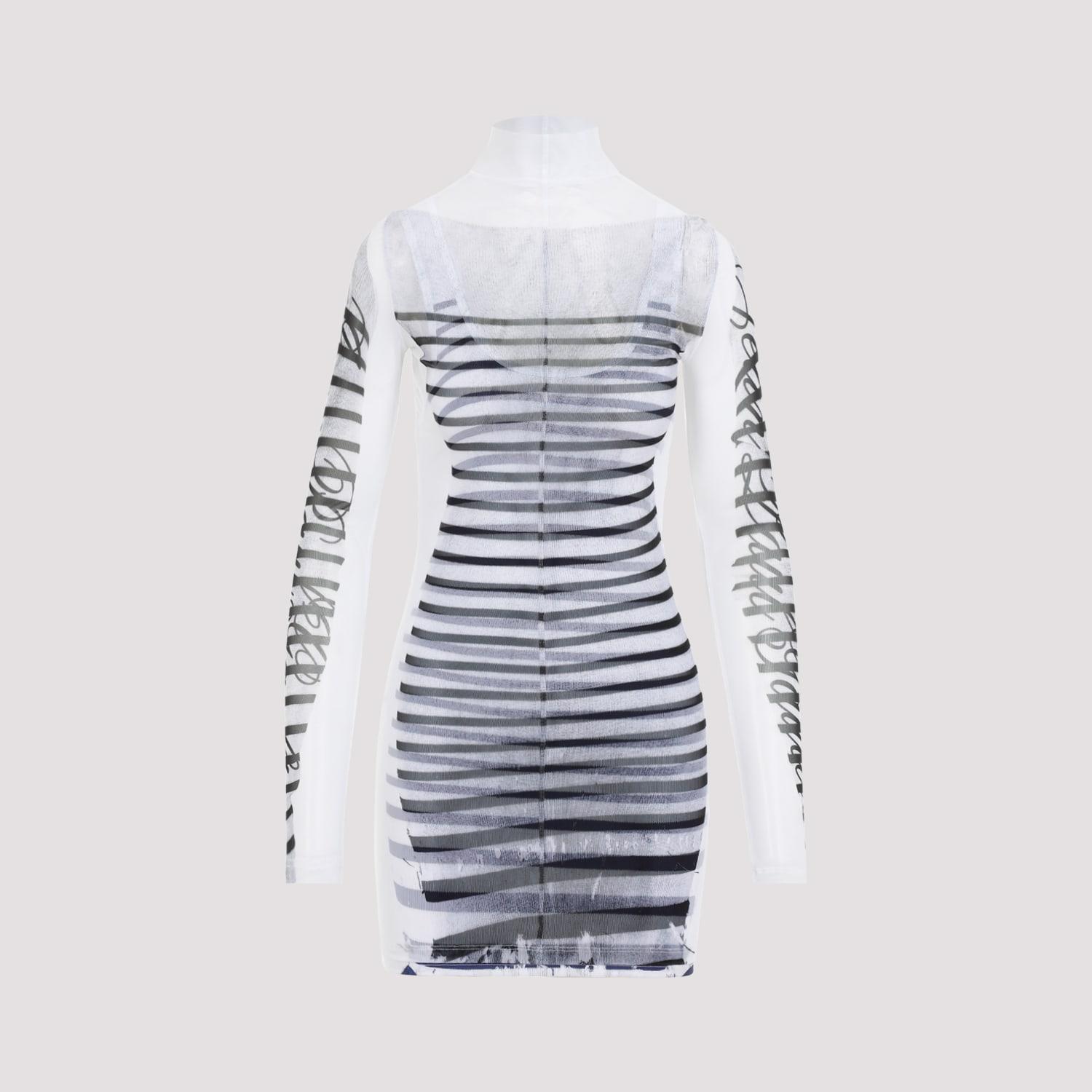 Jean Paul Gaultier Spandex Mesh Printed Feathers Mariniere Mini Dress