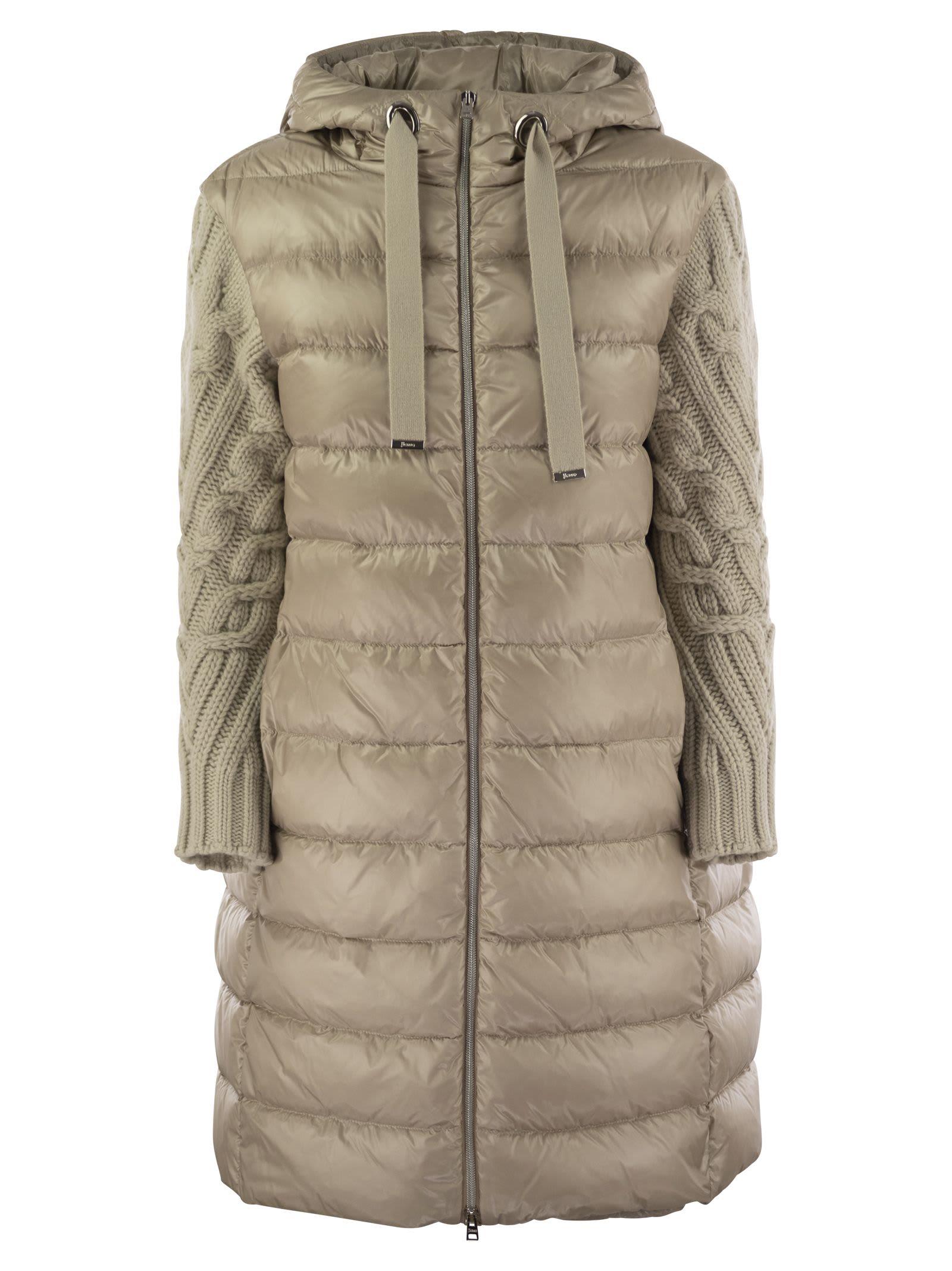 Herno Long Down Jacket With Wool Sleeves