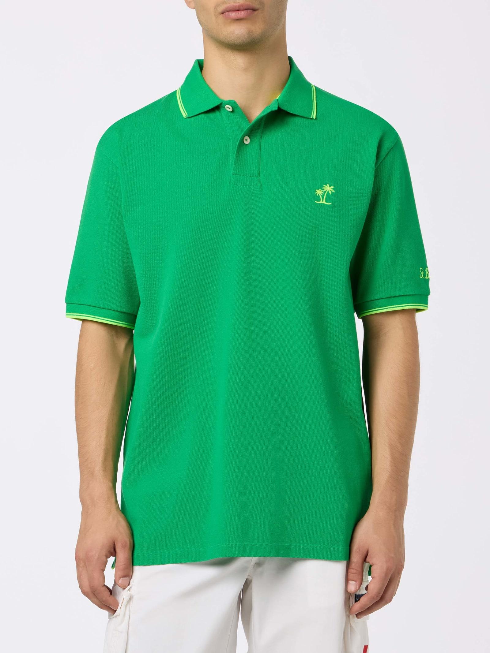 MC2 Saint Barth Man Green Cotton Piquet Polo Shirt Beverly Hills With Palm Embroidery