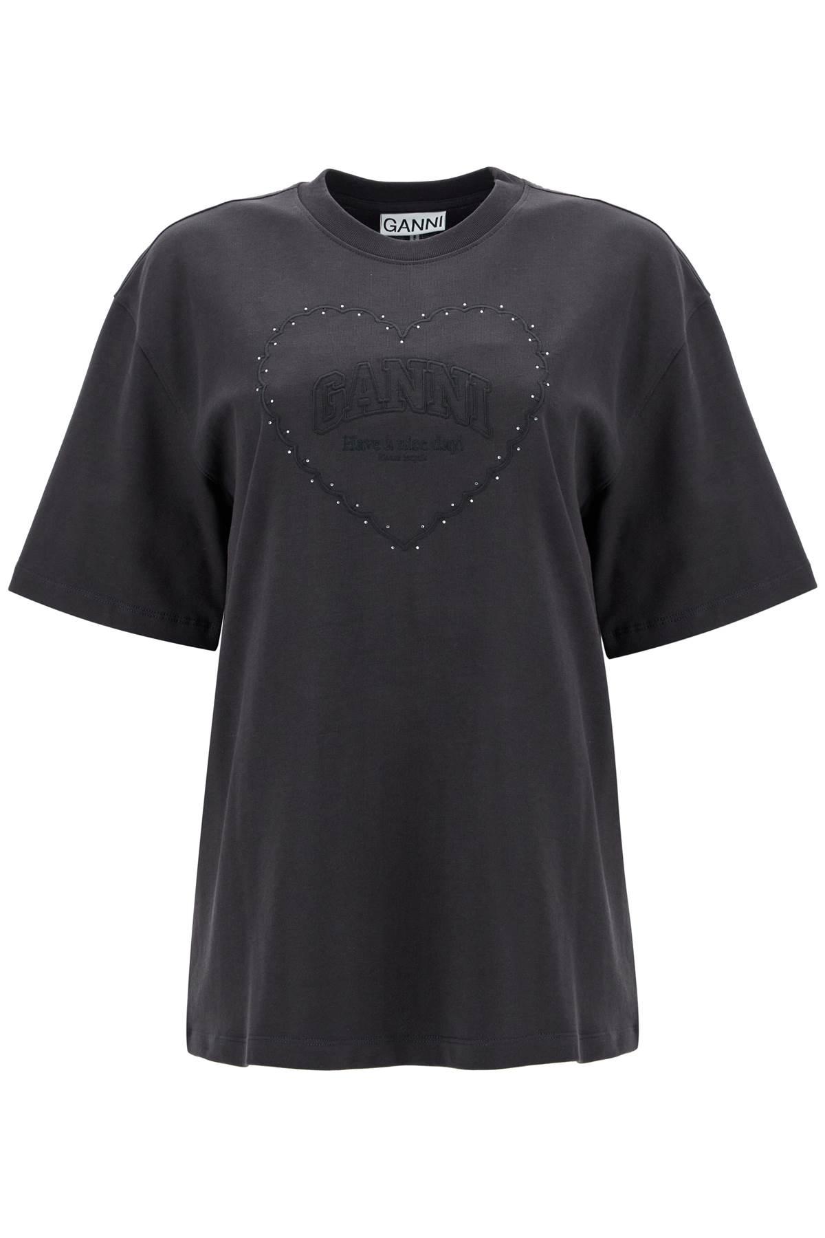 Ganni Women's Heavy Cotton Drop Shoulder Heart T-Shirt in Black