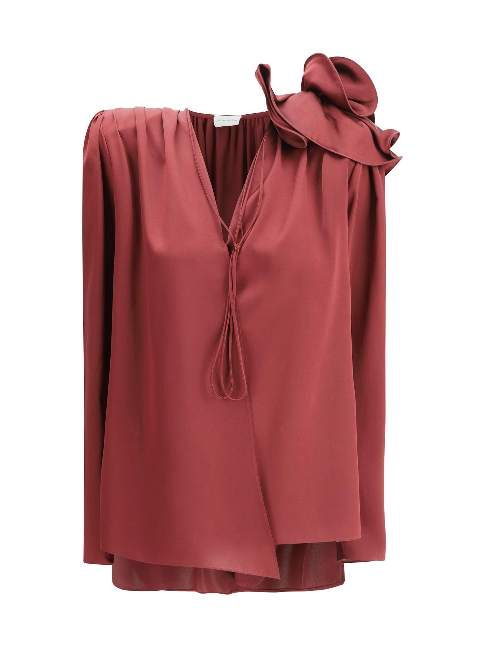 Magda Butrym Women's Satin Blouse Shirt in Red with Rose Detail