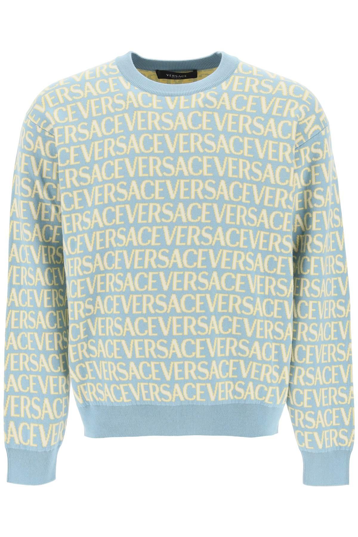 Versace Men's Cotton Crew-Neck Sweater in Light Blue and Allover Logo Jersey