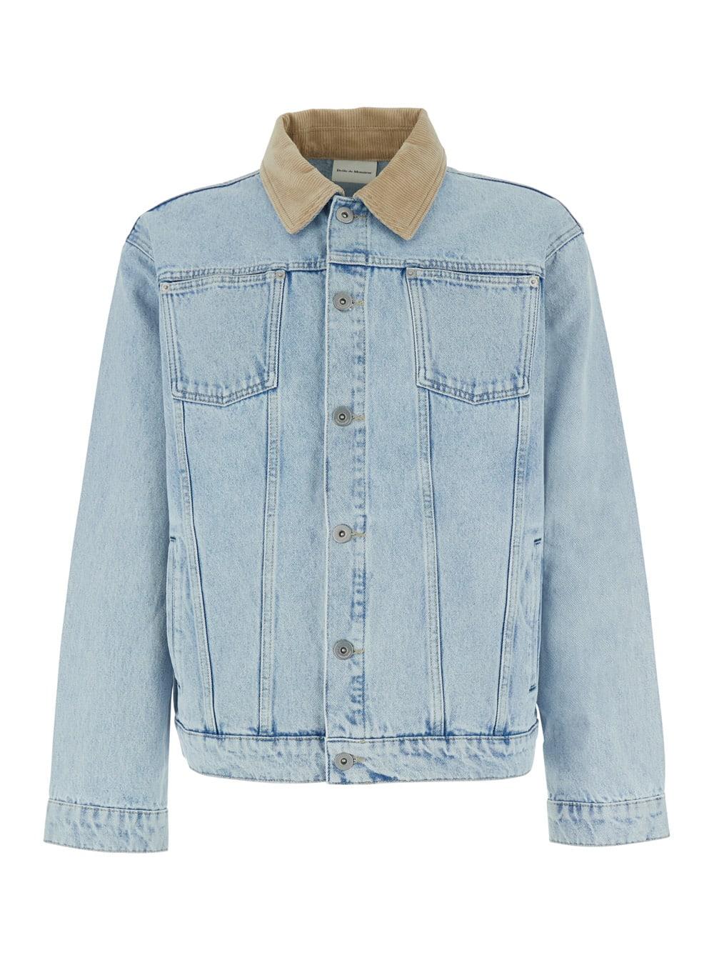 Drole de Monsieur Light Blue Denim Jacket with Corduroy Classic Collar and Cyan Cotton Denim Jacket