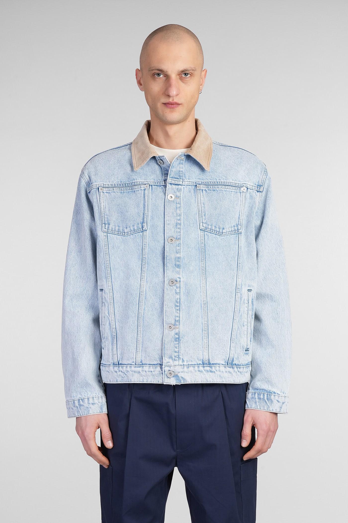 Drole de Monsieur Light Blue Denim Jacket with Corduroy Classic Collar and Cyan Cotton Denim Jacket