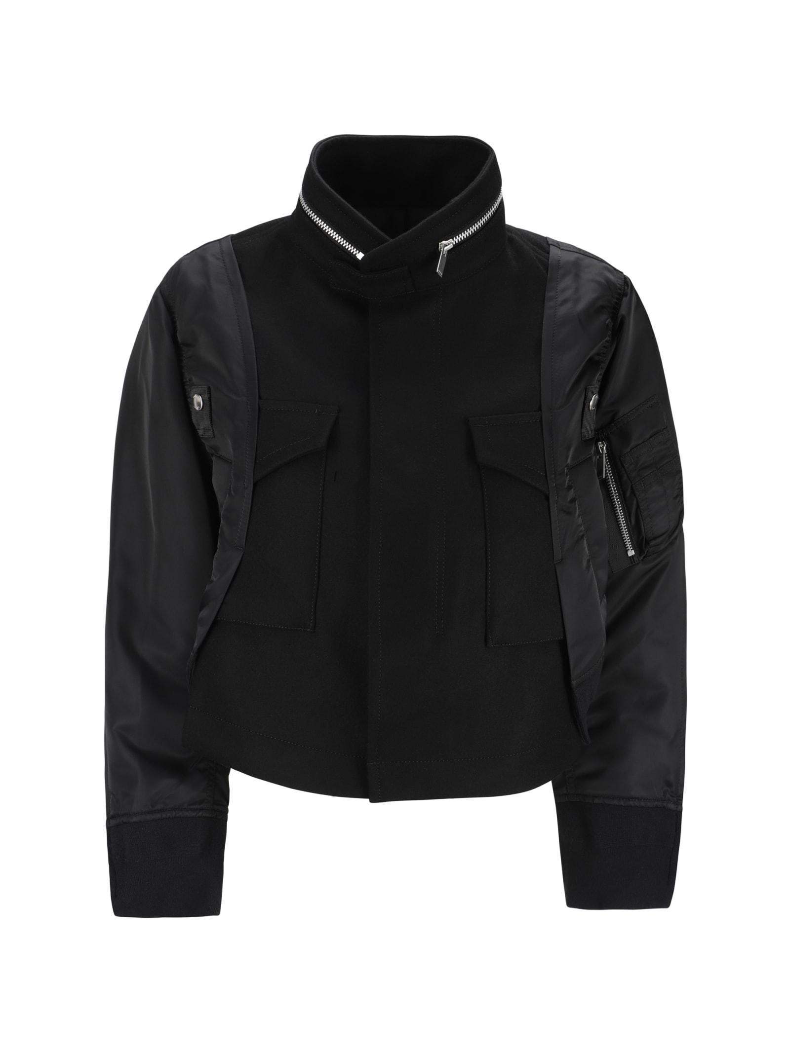 Sacai Women's Wool and Nylon Bomber Jacket in Black