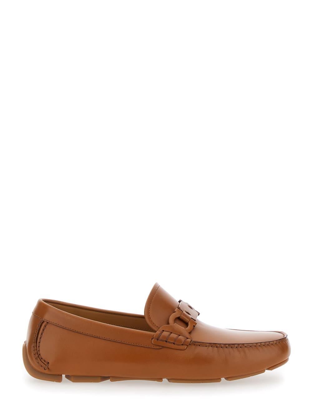 Ferragamo Brown Loafers With Gancini Plaque On The Front In Leather Man