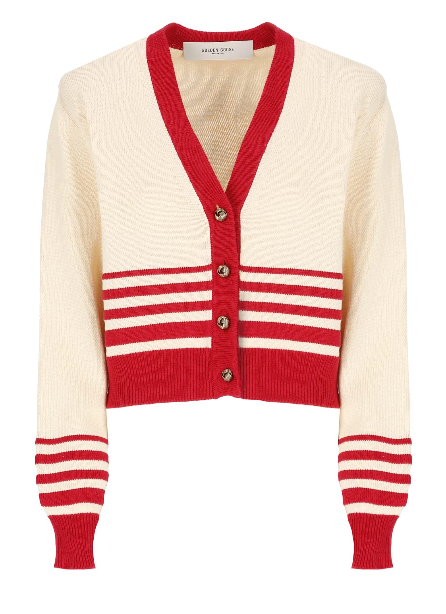 Golden Goose Women's Journey Cropped Cotton Cardigan and Cardigan With Red Stripes in Beige