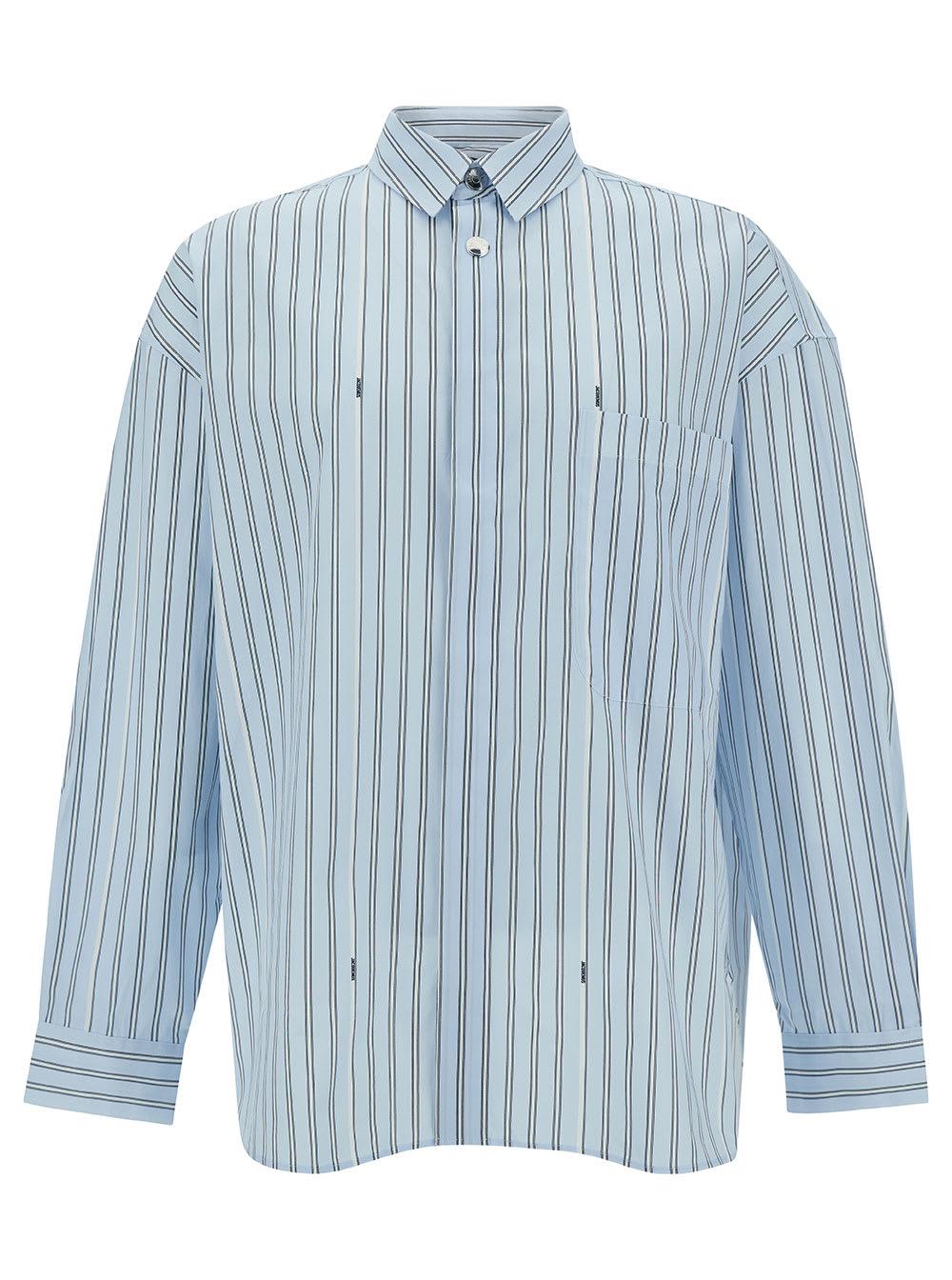 Jacquemus Light Blue Striped Shirt With Logo Lettering Detail In Cotton