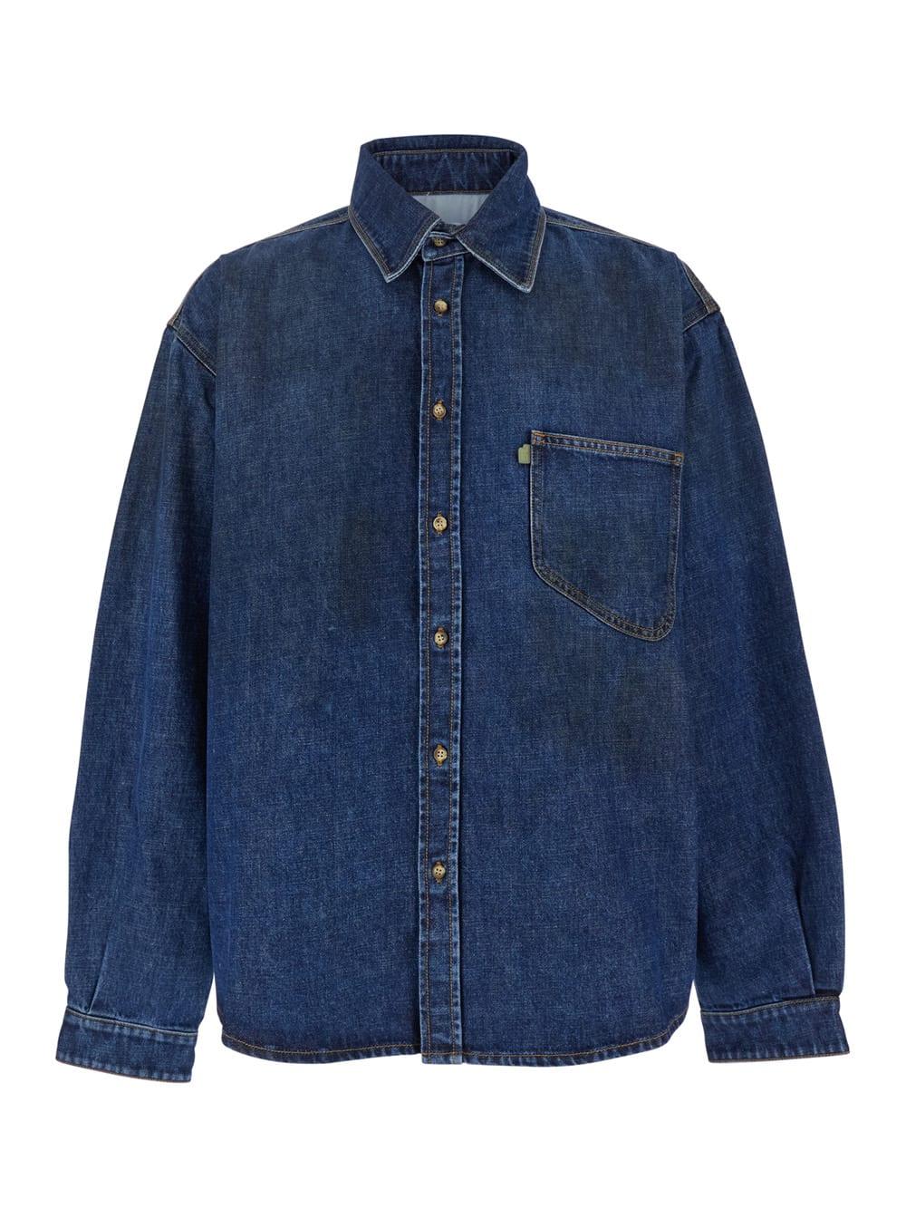 ERL Blue Shirt With Pointed Collar And Logo Patch On The Front In Denim