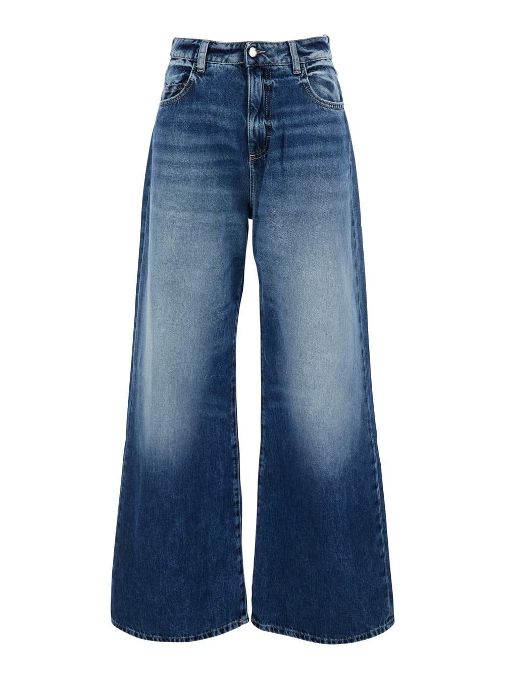 Icon Denim Blue Jeans With Wide Leg And Logo Patch On The Rear