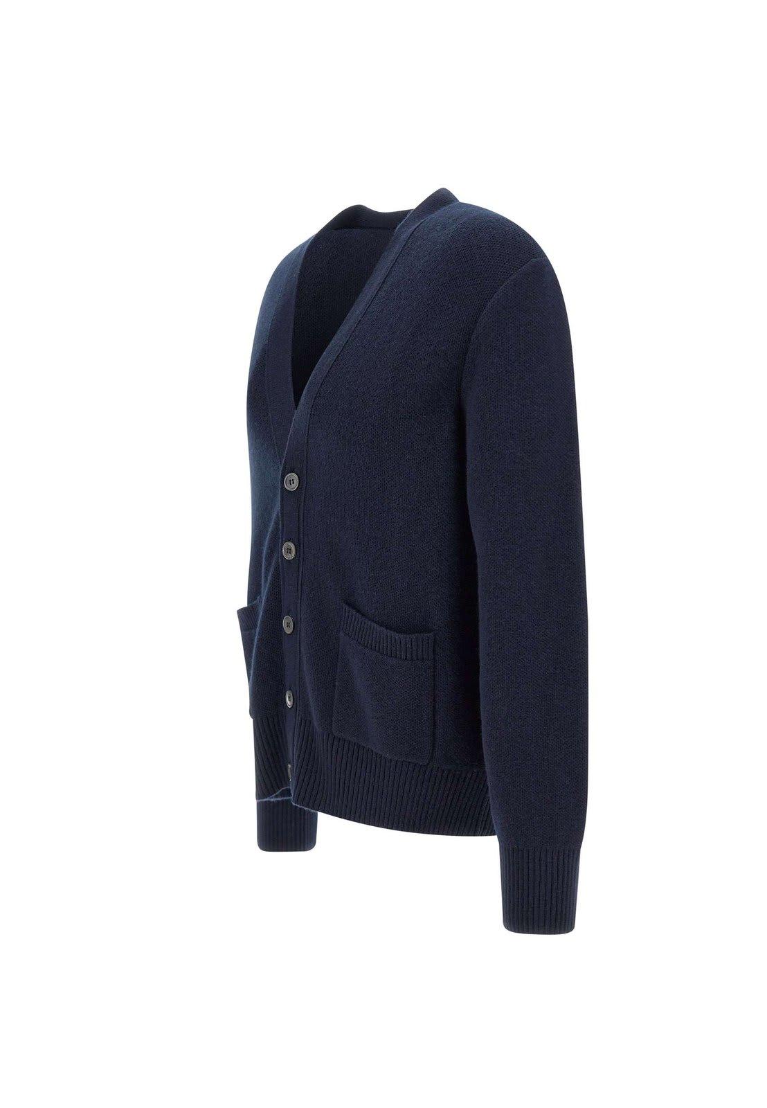 Thom Browne Men's Navy Wool Cardigan with Tricolour Insert