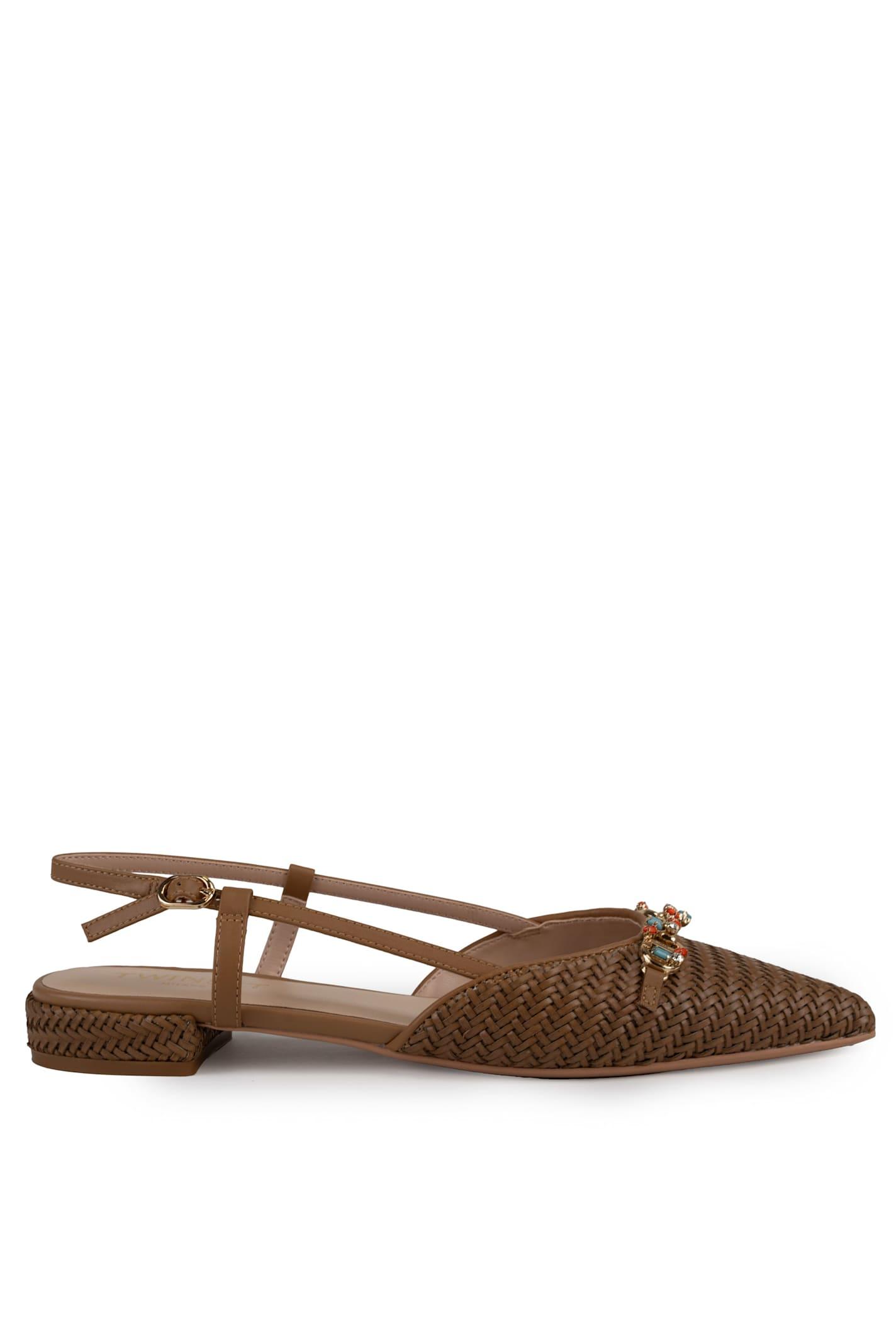 TwinSet Raffia Sandal With Jeweled Clamp and Poliuretano Flat Shoes
