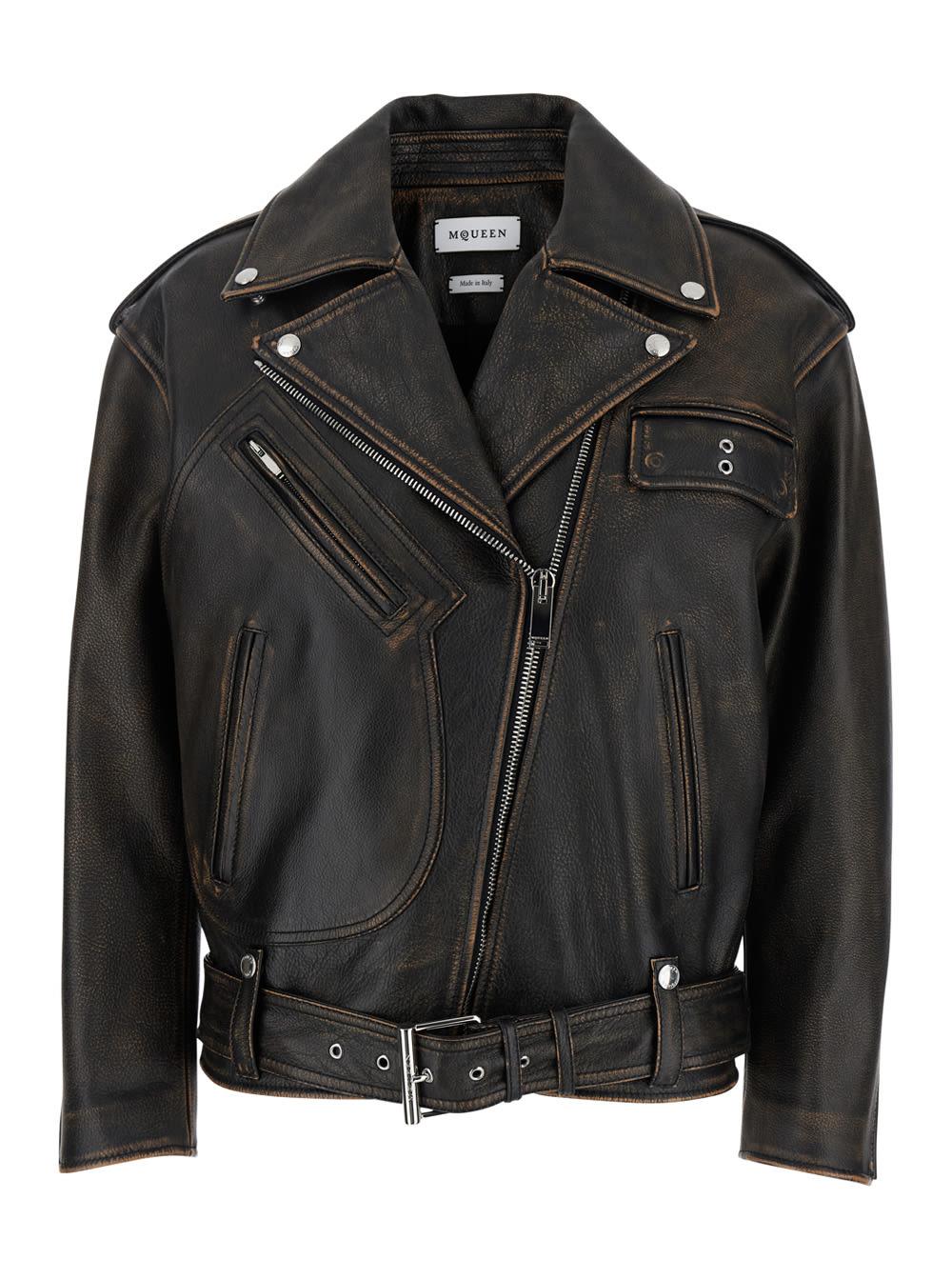 Alexander McQueen Antiqued Brown Biker Jacket with Wide Classic Lapels and Decentralized Zip Closure in Leather