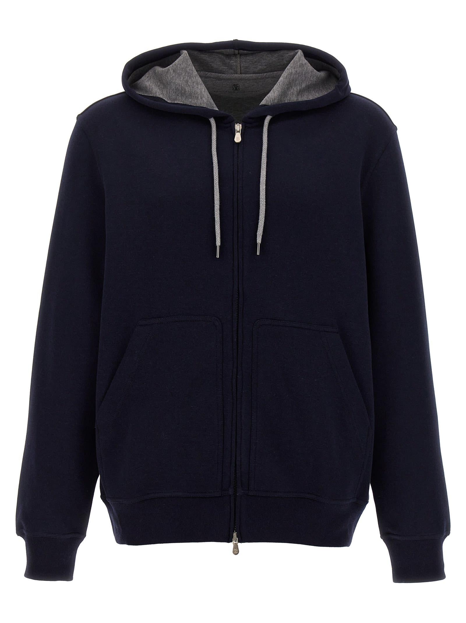 Brunello Cucinelli Cotton Blend Zipped Hoodie in Blue
