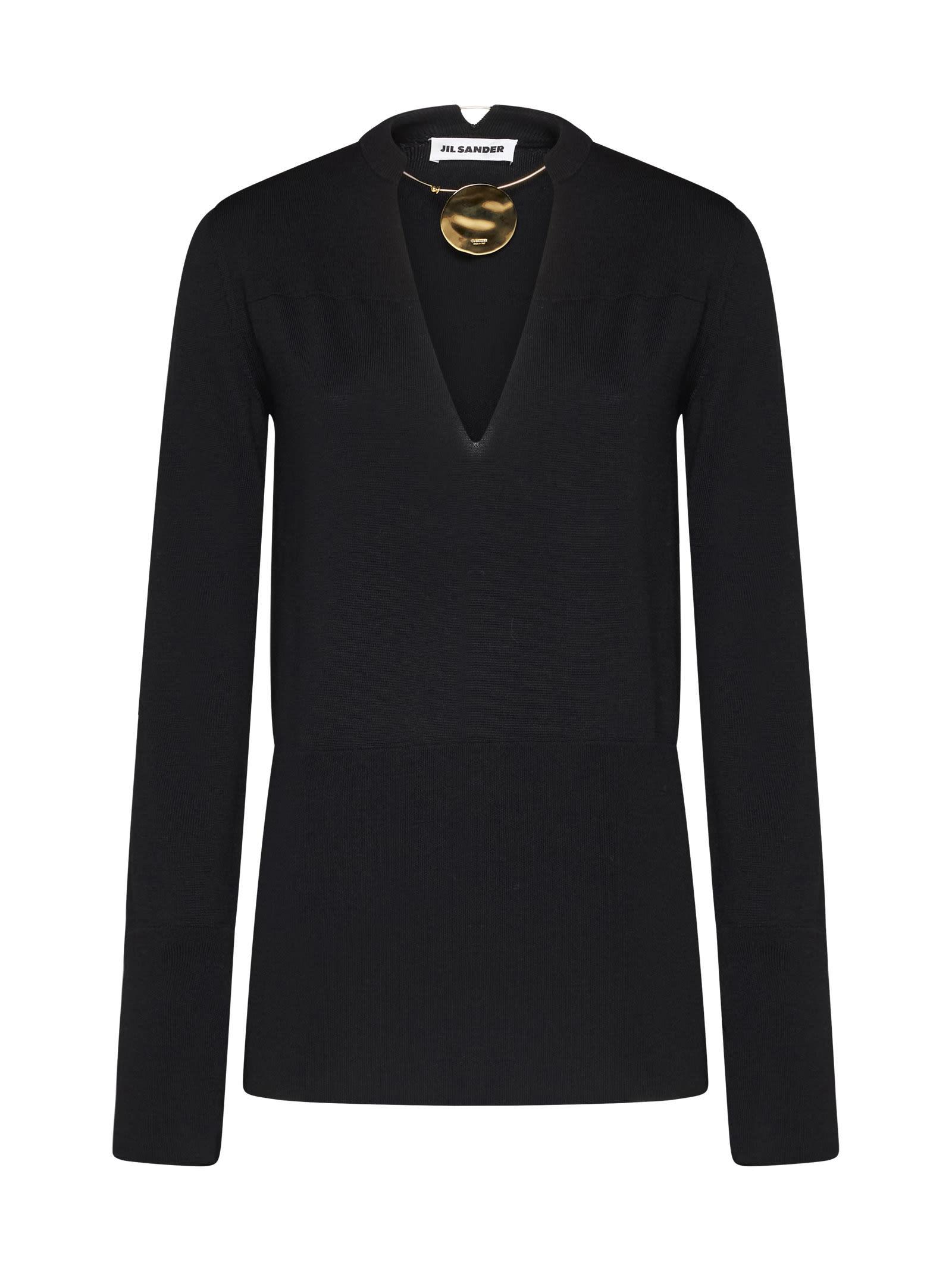 Jil Sander Women's Wool Sweater & Superfine Merino Crew Neck Knit with Integrated Jewel Necklace