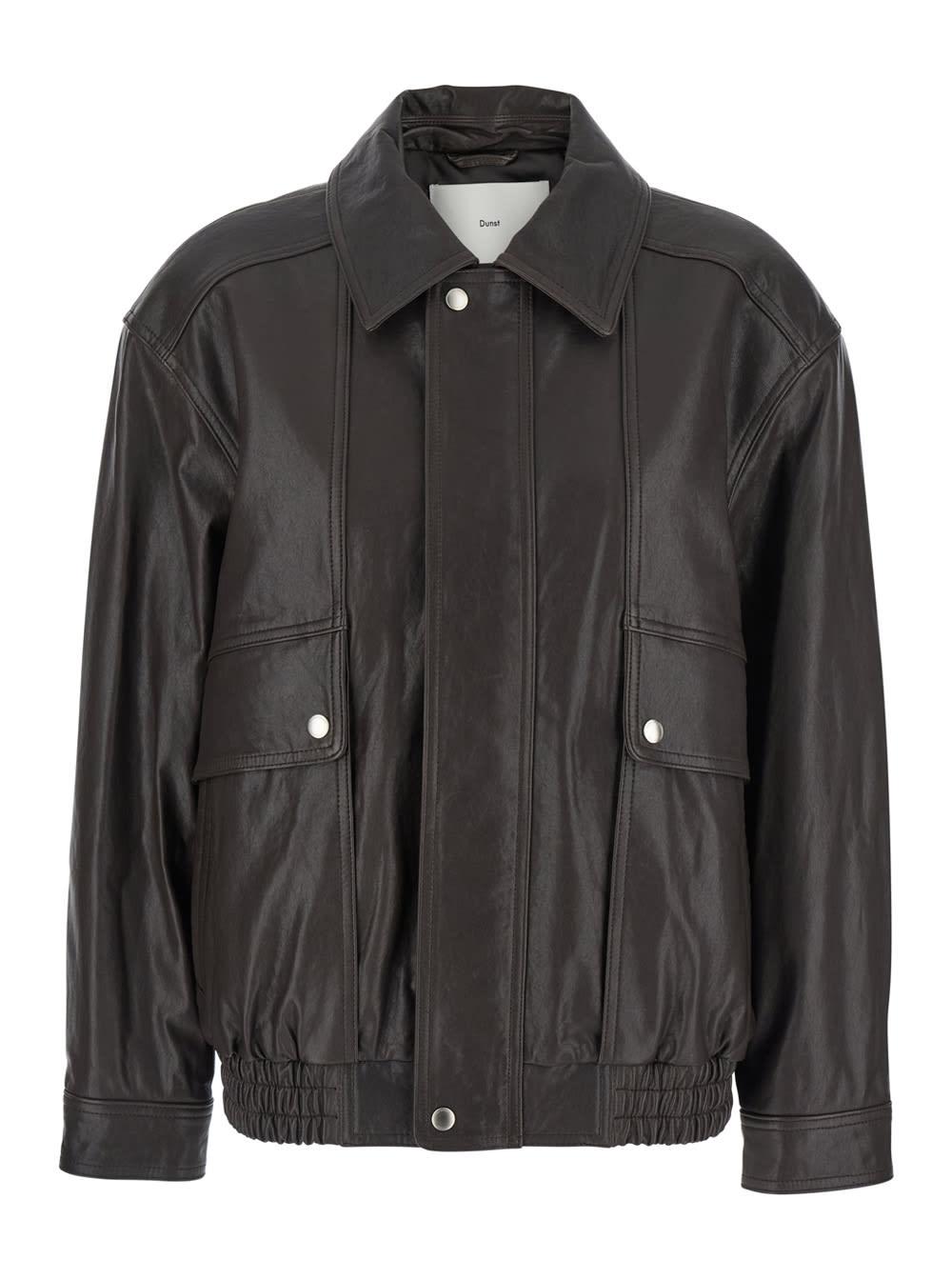 Dunst Brown Oversized Jacket With Dropped Shoulders And Flap Pockets In Leather