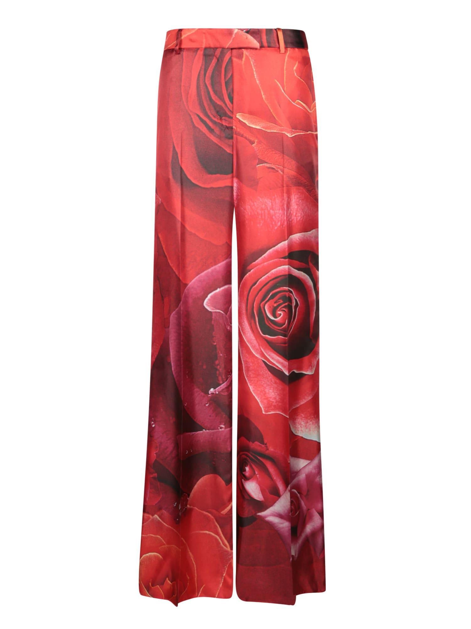 Roberto Cavalli Garden Rose Red Silk Trousers