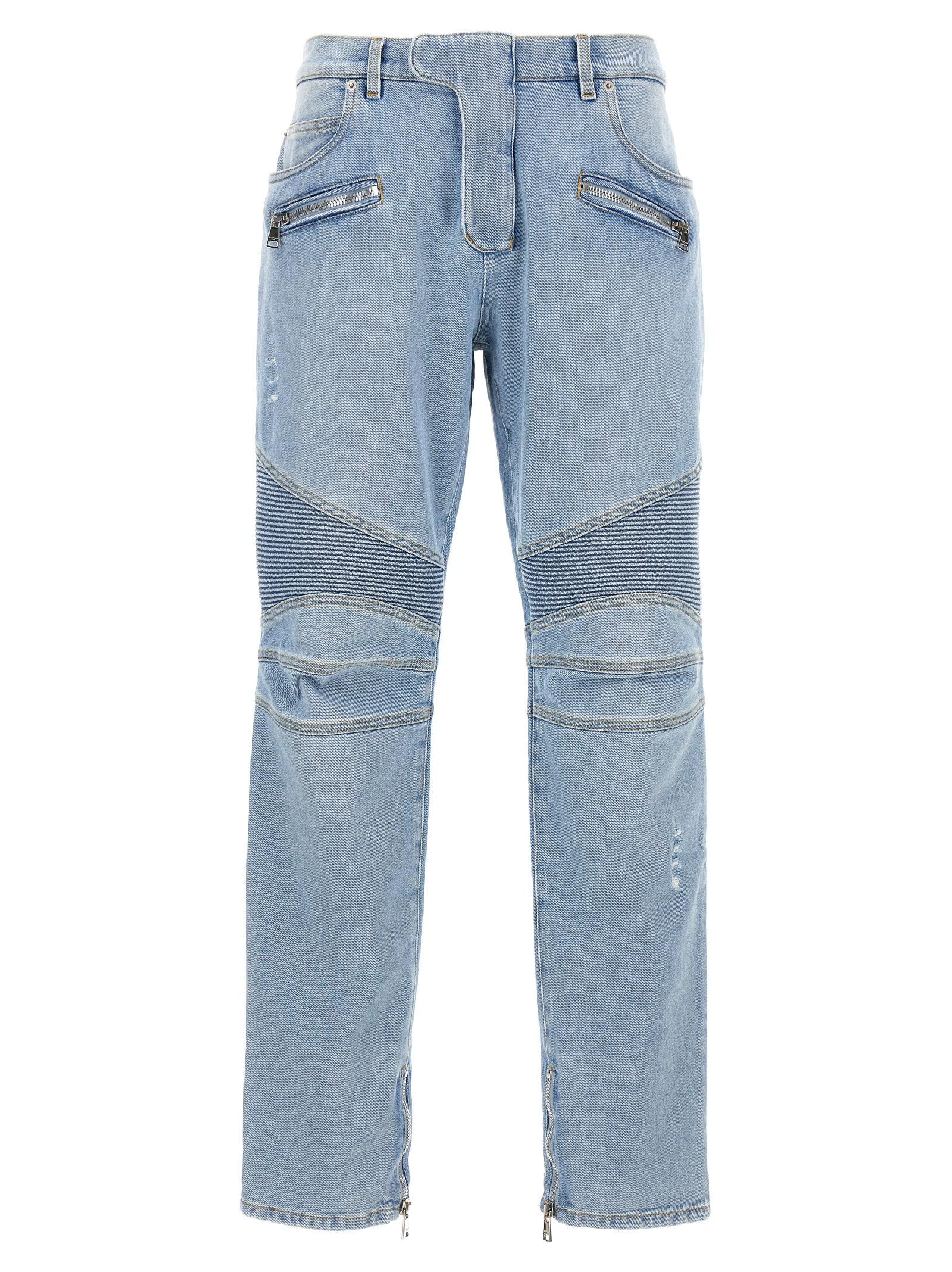 Balmain Men's Denim Biker Jeans in Light Blue