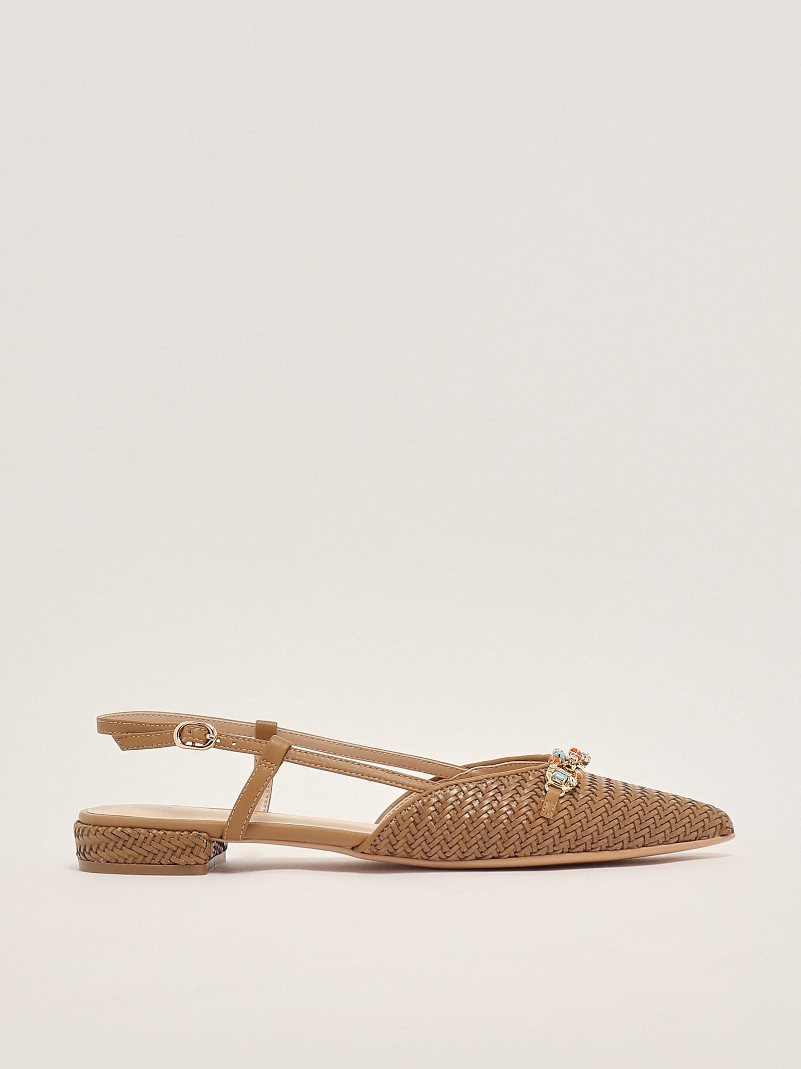 TwinSet Raffia Sandal With Jeweled Clamp and Poliuretano Flat Shoes