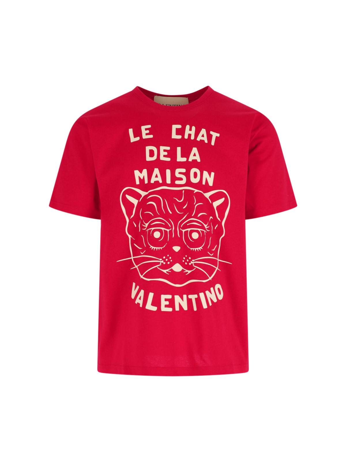 Valentino Men's T-Shirt With Le Chat De La Maison Print in Red