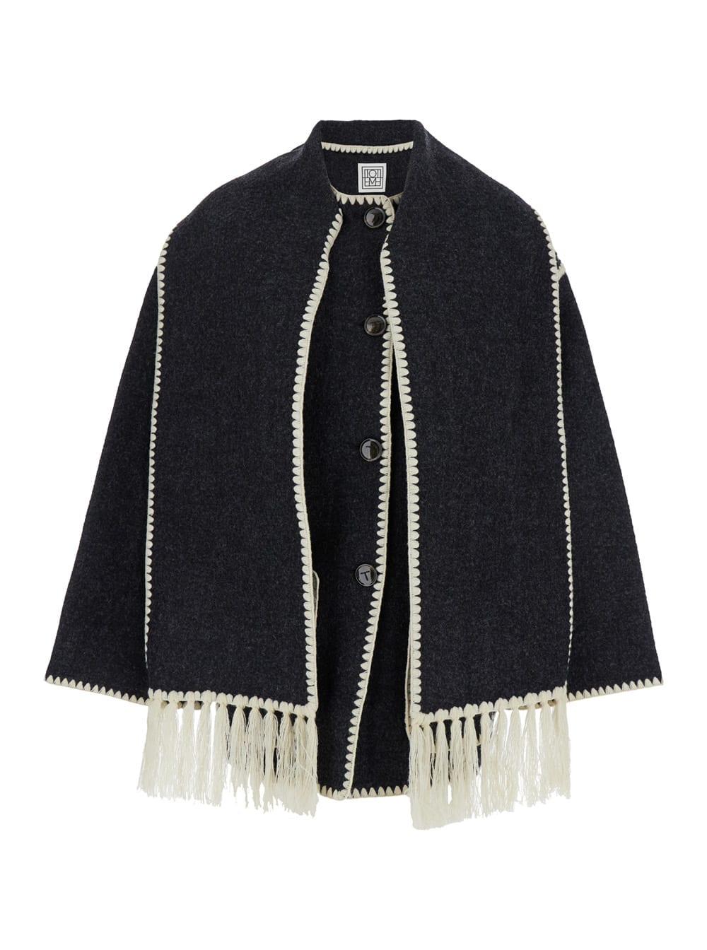 Toteme Women's Scaf Coat in Black and Grey Wool Jacket with Scarf