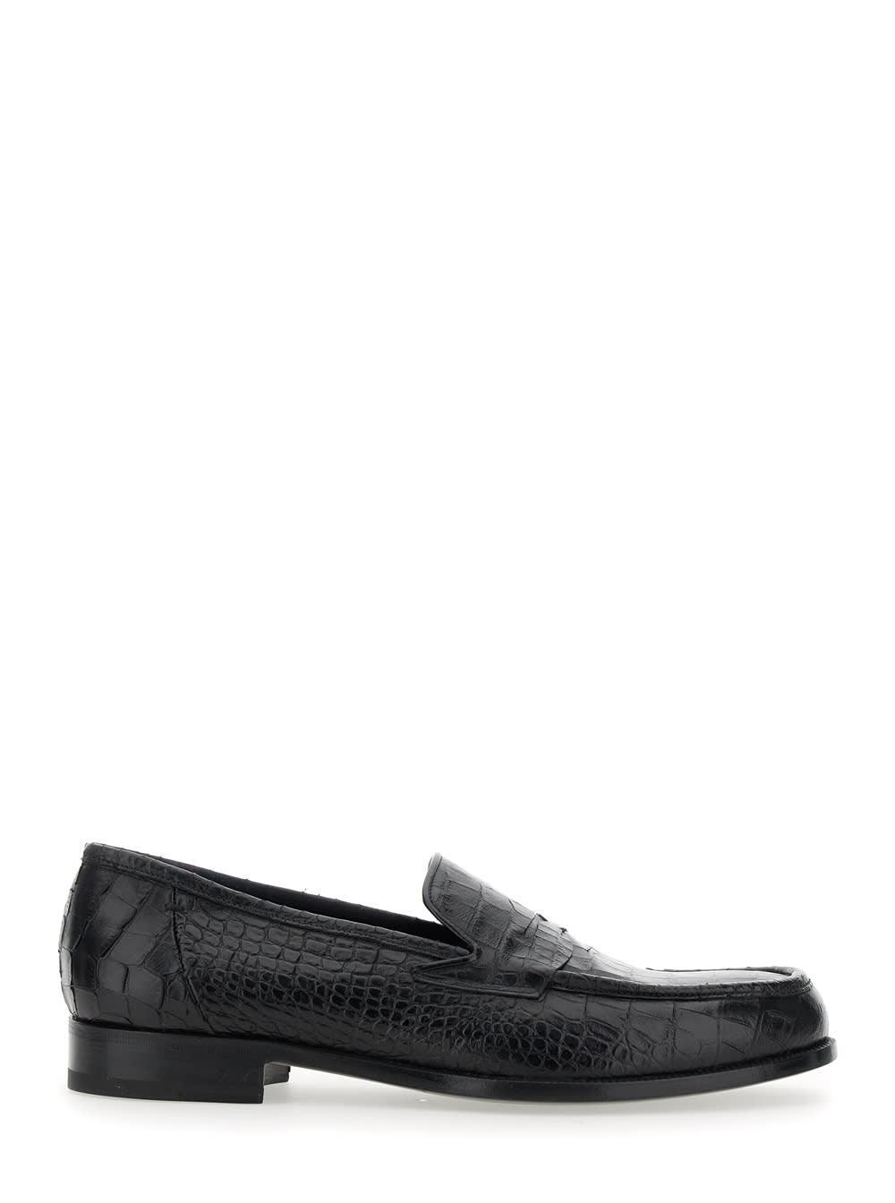 Lidfort luisiana Black Loafers With Embossed Crocodile Effect In Leather