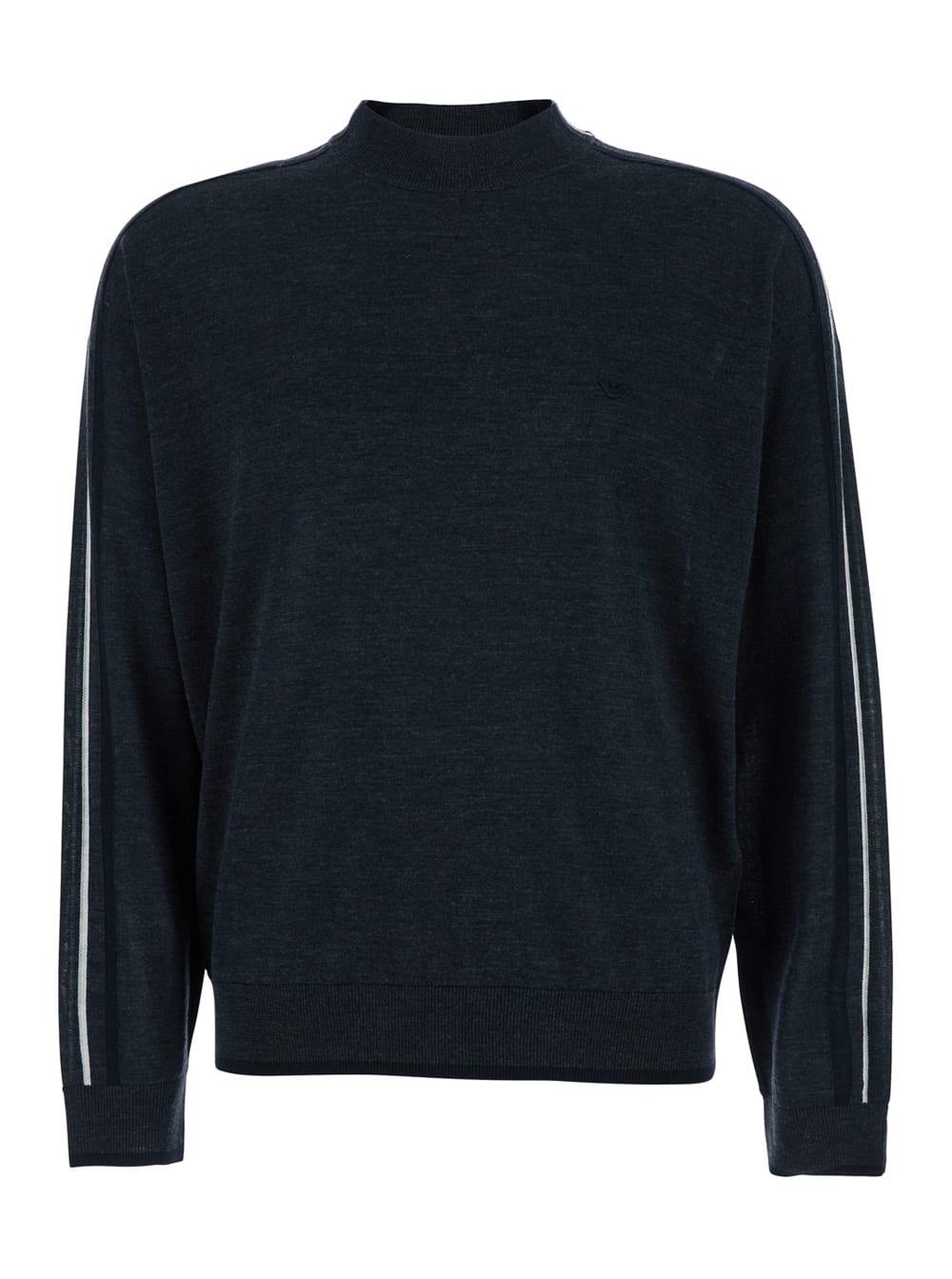 Dark Grey Crewneck Sweater With Stripe Detail On The Sleeve In Wool Man Emporio Armani