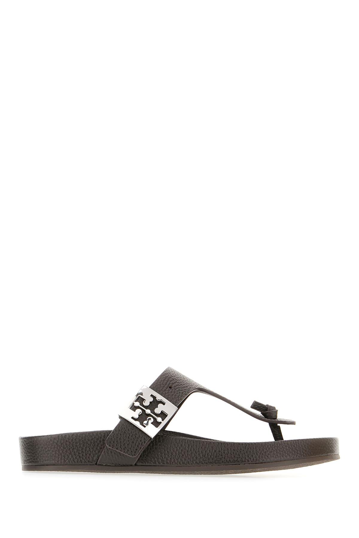 Tory Burch Dark Brown Leather Mellow Thong Sandals