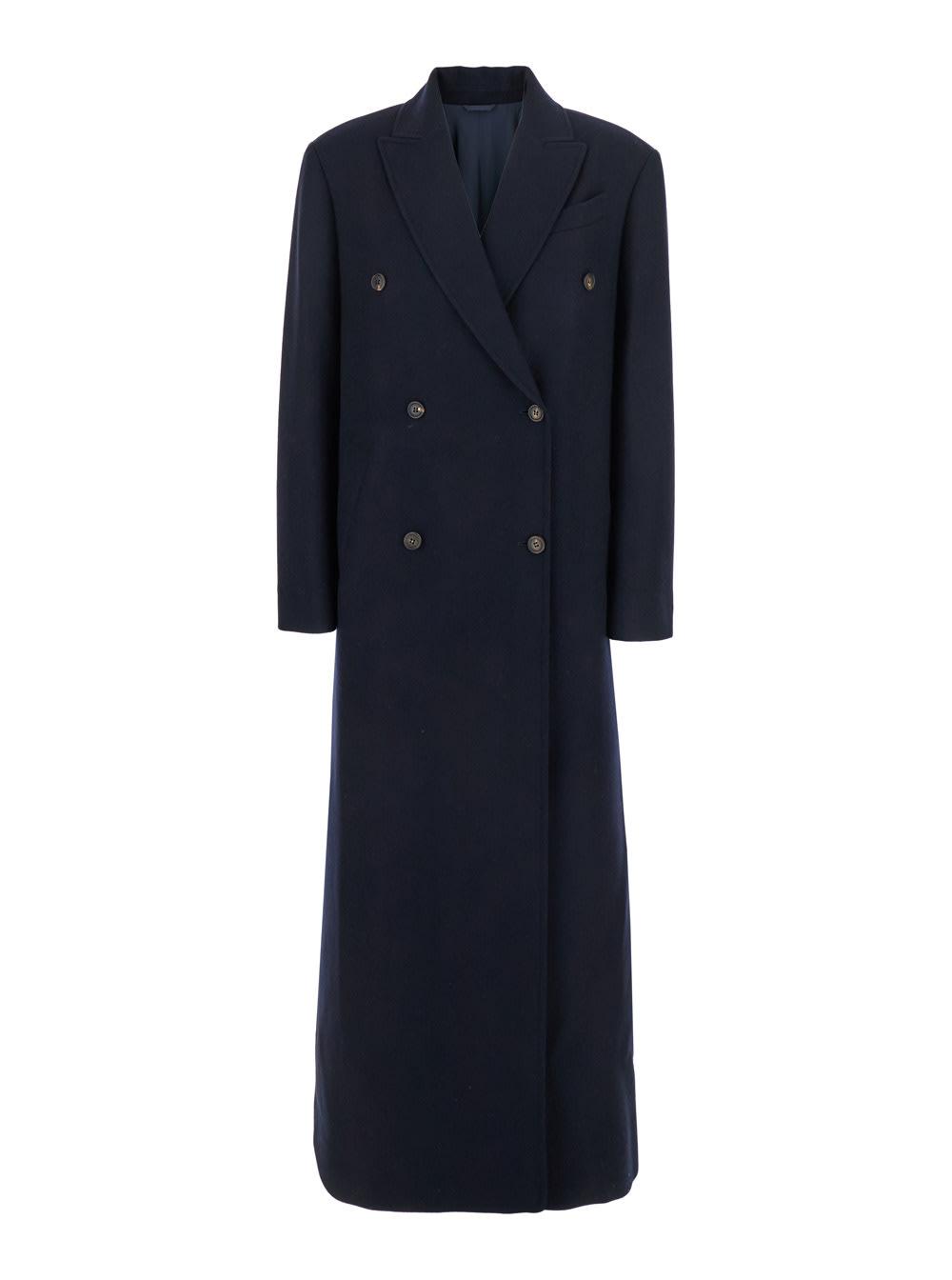Brunello Cucinelli Blue Double-breasted Long Coat With Peak Revers In Wool Blend