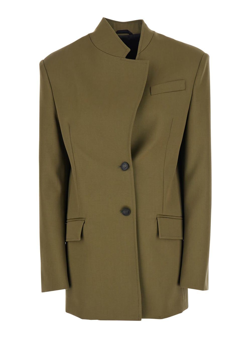The Attico Green Jacket With Asymmetric Closure In Wool