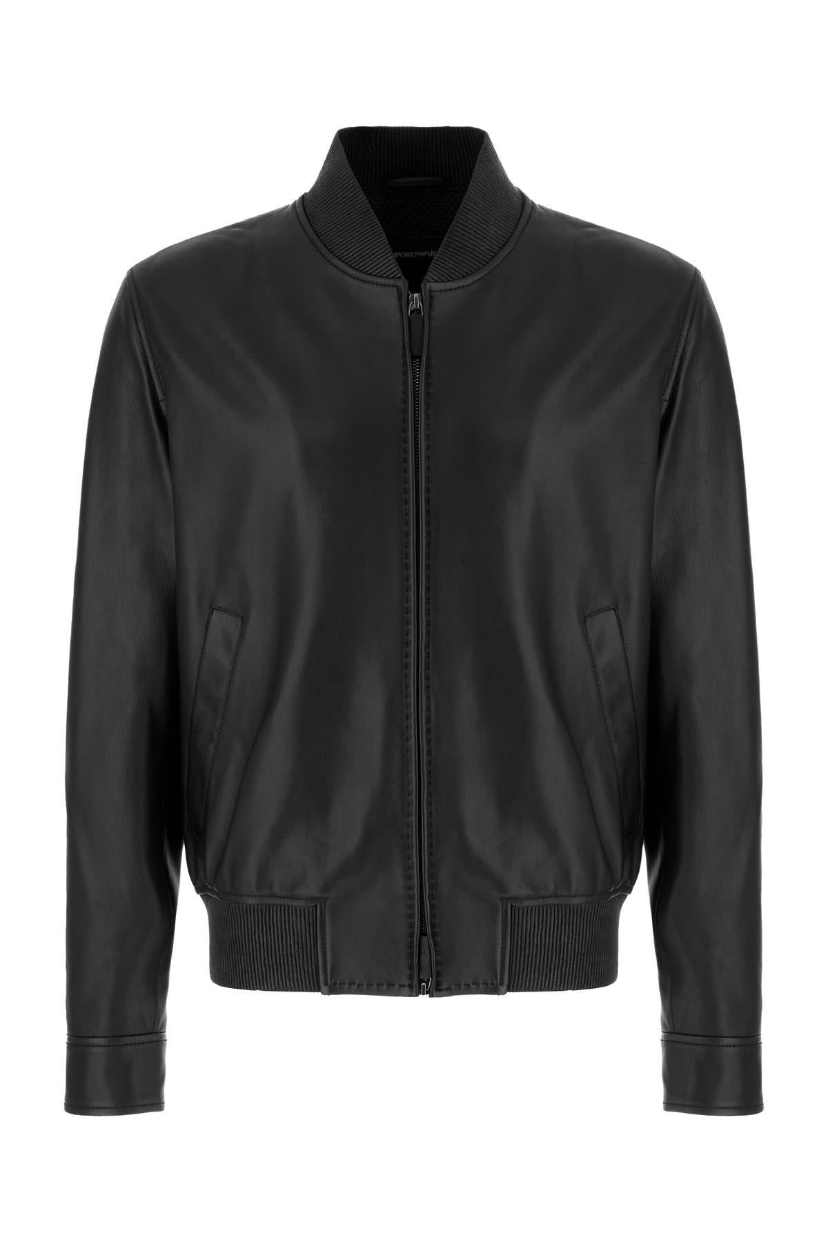 Emporio Armani Black Leather Bomber Jacket