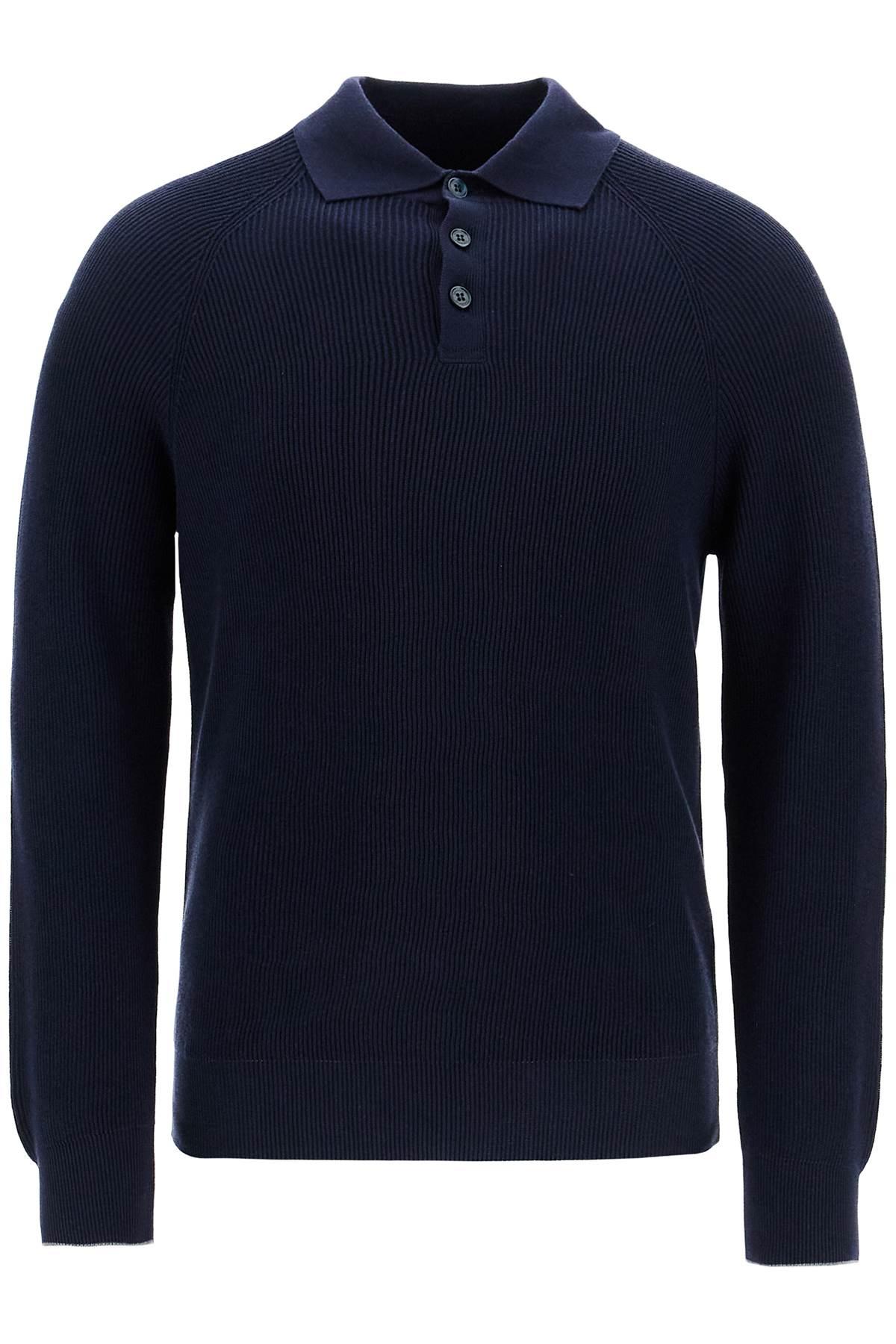 Brunello Cucinelli Men's Cotton Rib Knit Polo Shirt With Long Raglan Sleeve in Navy