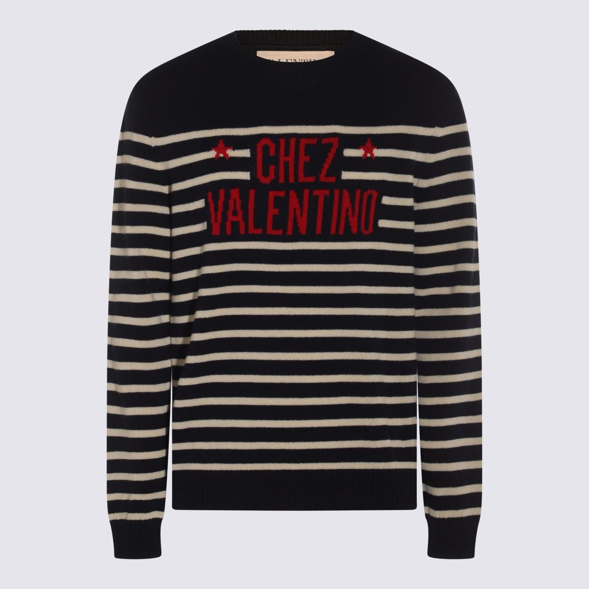 Valentino Men's Sweater With Jacquard Pattern Chez in Blue and Black and White Wool Knitwear