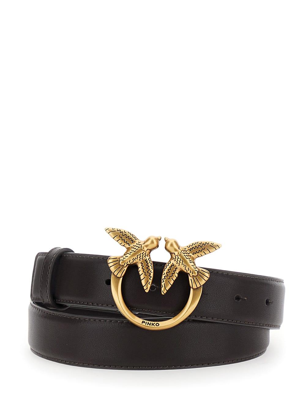 Pinko Love Birds Brown Belt With Logo Buckle In Leather