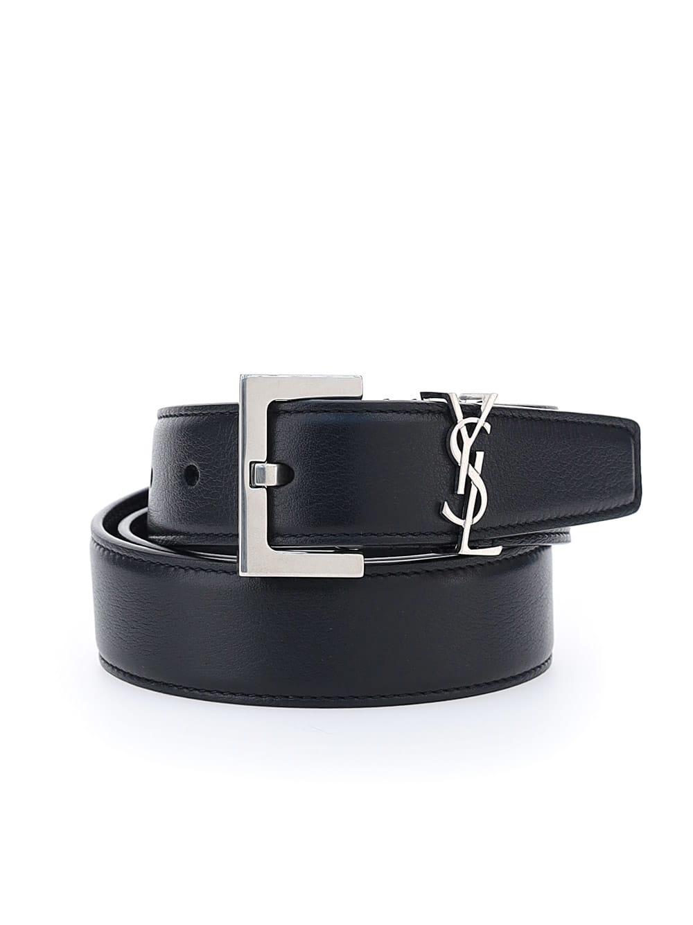 Saint Laurent Leather Belt With Silver Logo