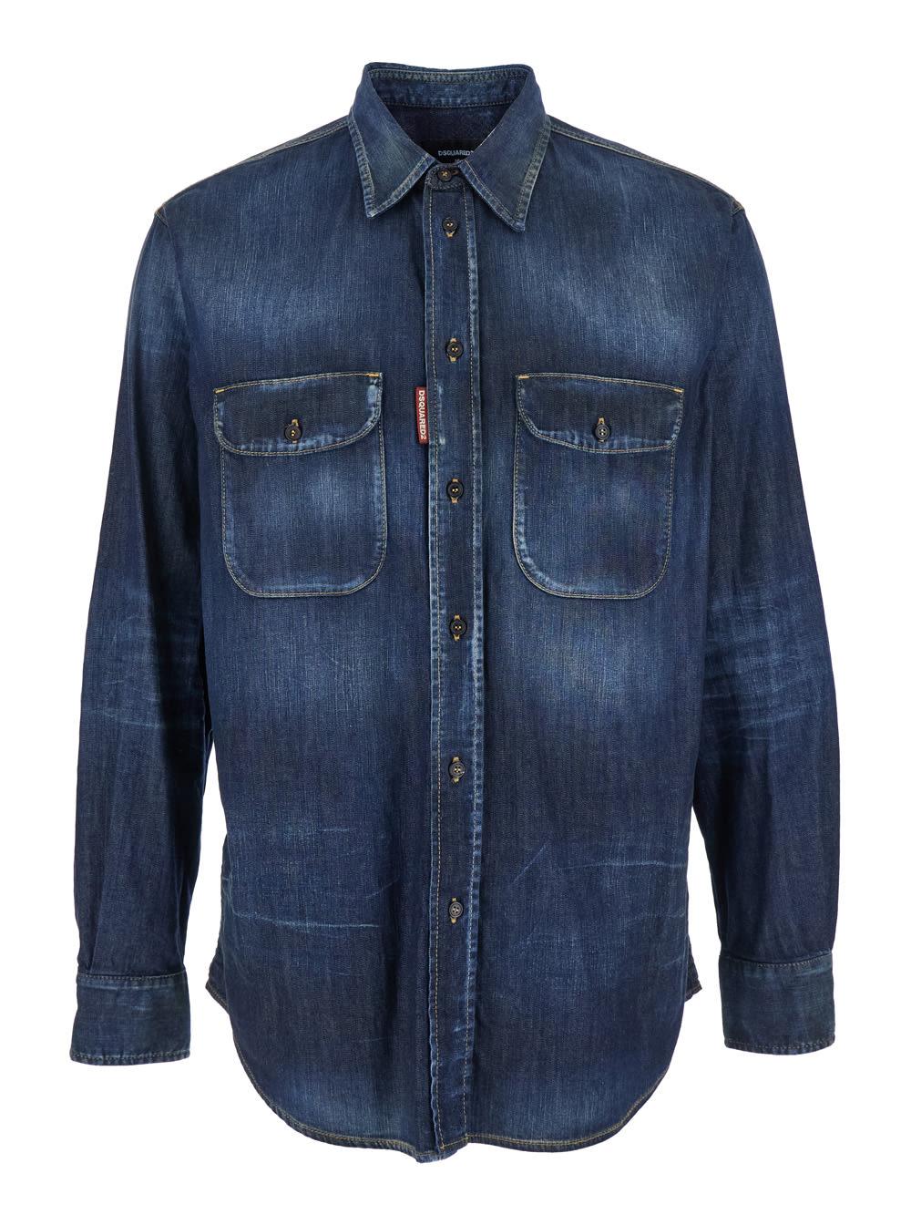 Dsquared2 Blue Shirt with Pointed Collar and Elbow Patches in Denim