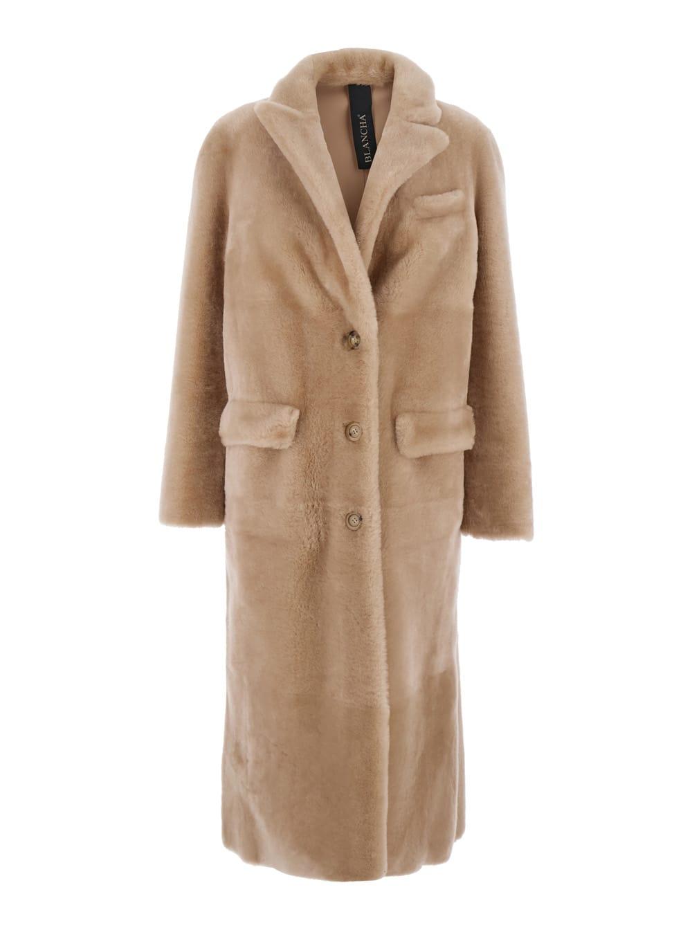 Blancha Beige Coat With Classic Lapels And Reversible Design In Fur