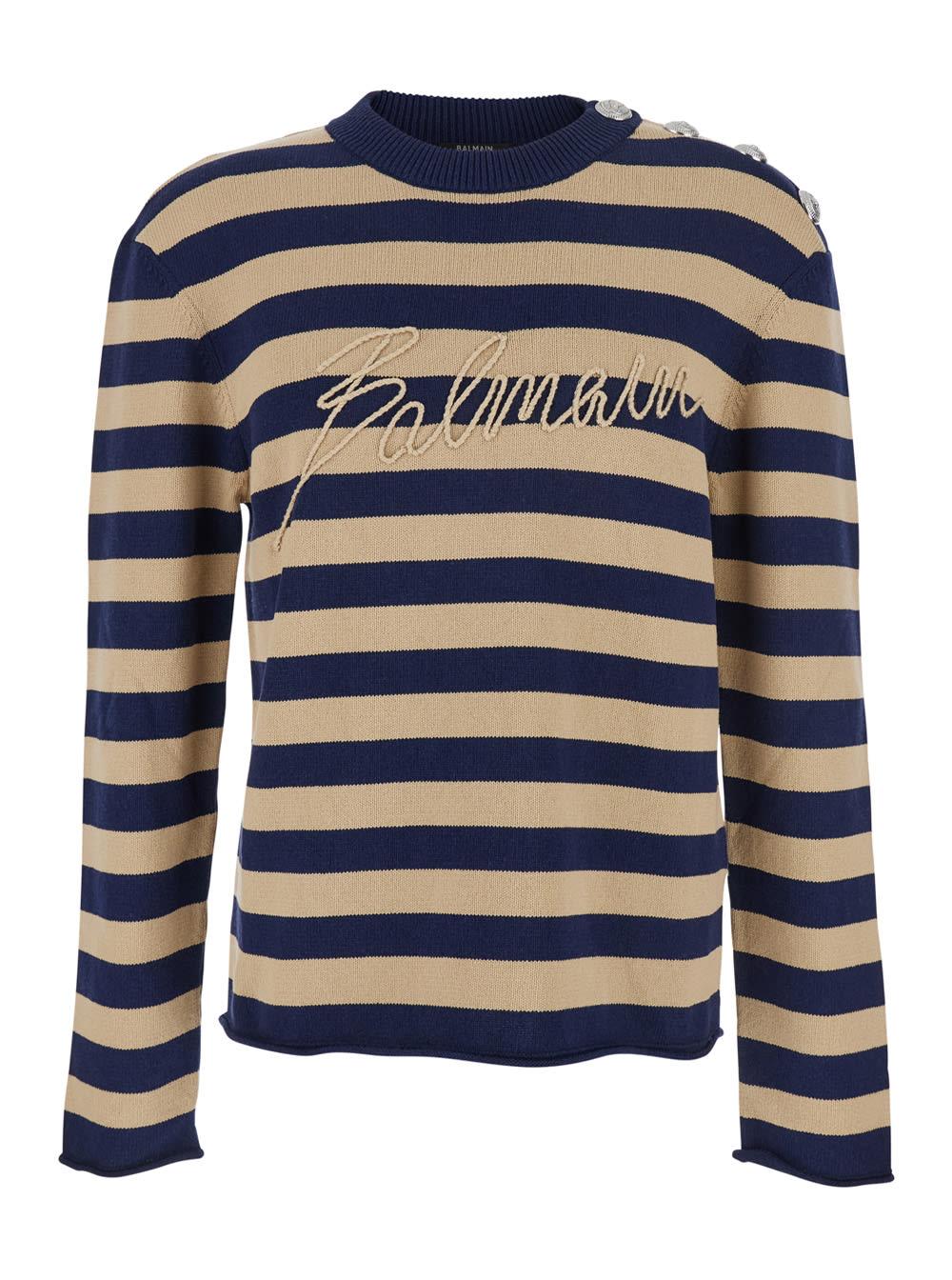Balmain Blue Crewneck Sweater with Logo Lettering and All-over Striped Motif