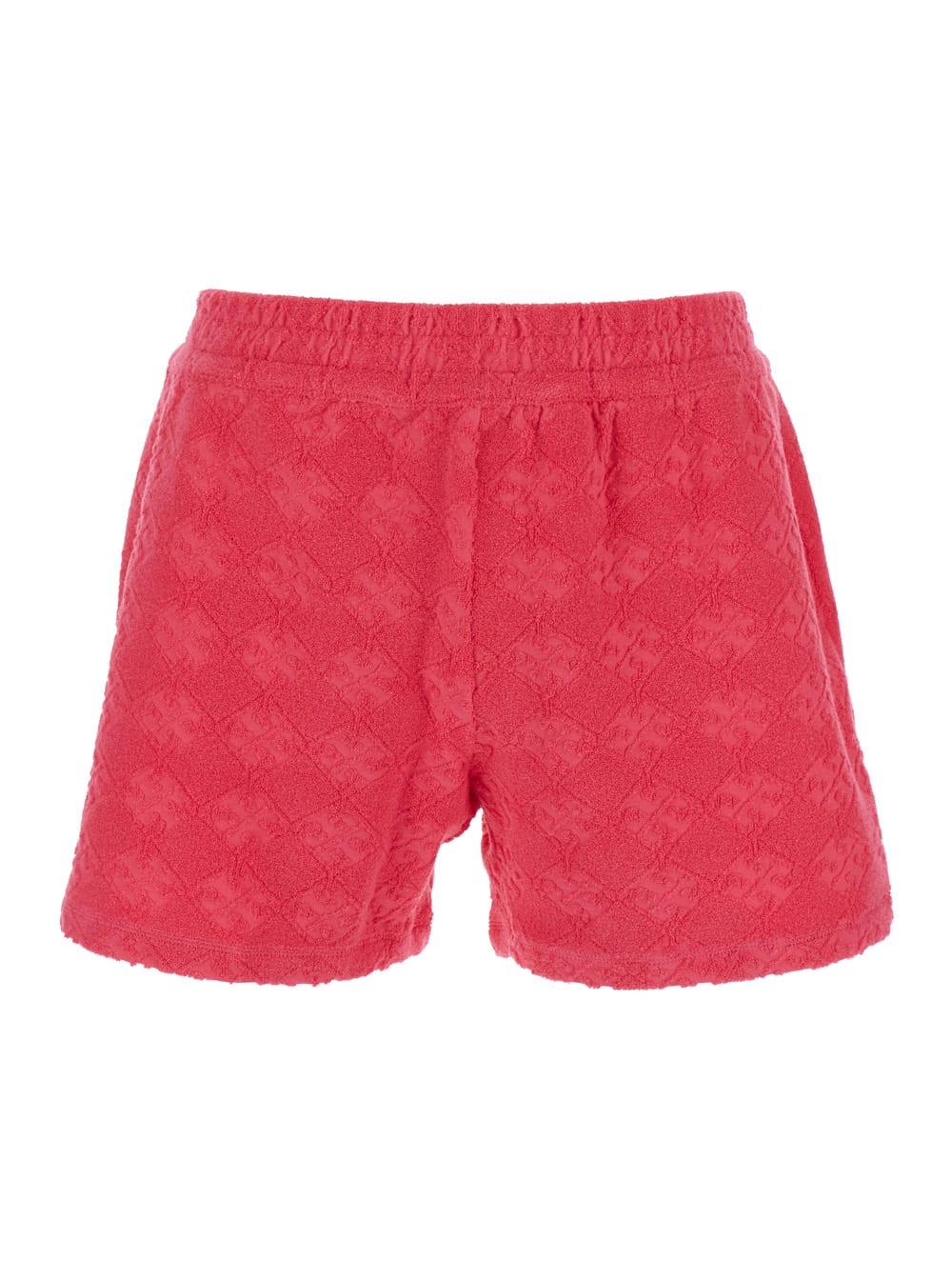 Tory Burch Terry Pink Shorts With Elastic Waist And All-over Logo Embroidery