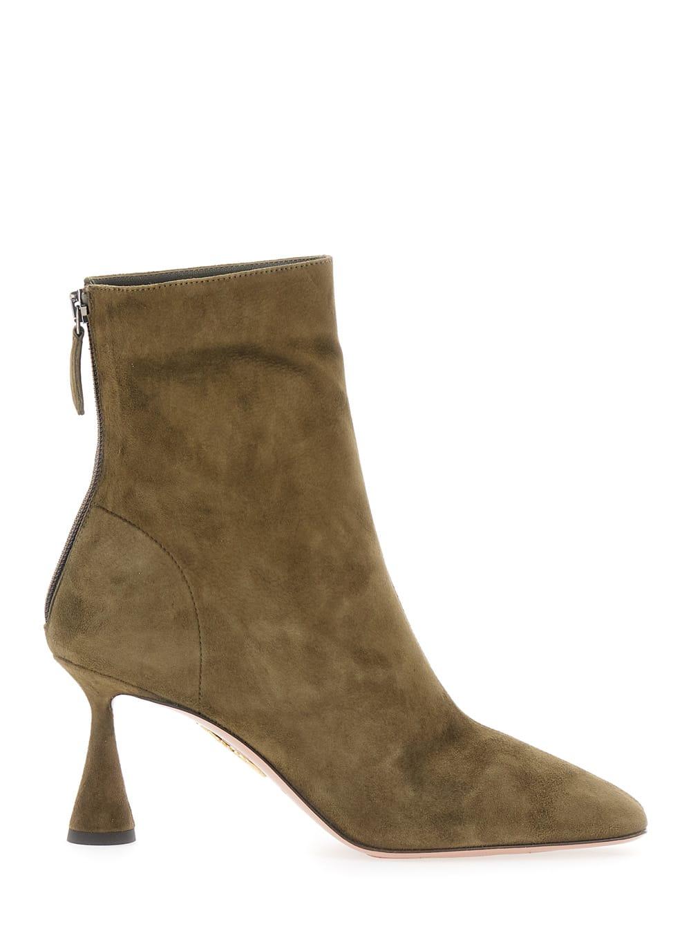 Aquazzura Amore Green Ankle Boots with Zip Closure and High Sculpted Heel in Suede