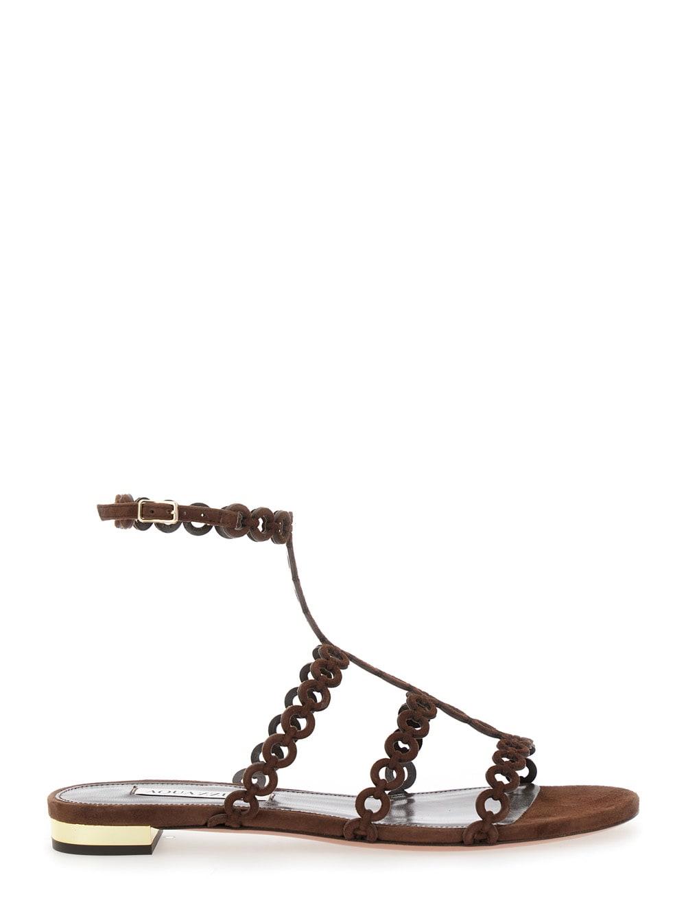 Aquazzura Infinity Chain Brown Sandals with Adjustable Strap and Buckle in Suede for Women